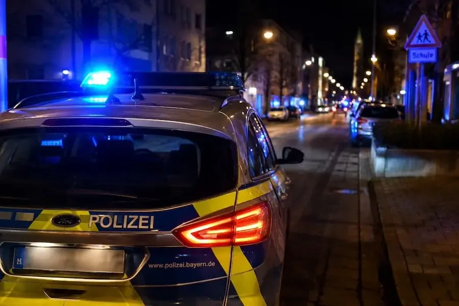 Polizeifahrzeug mit Blaulicht bei nächtlichem Einsatz in Schweinfurt