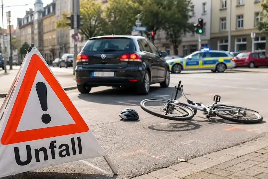 Fahrrad liegt nach einem Verkehrsunfall an einer Kreuzung in Schweinfurt, während Polizei und Unfallfahrzeug im Hintergrund zu sehen sind.
