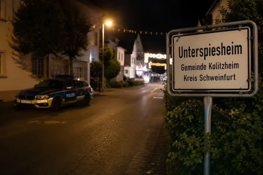 Ortsschild von Unterspiesheim bei Nacht nahe eines Bierfestes nach einer körperlichen Auseinandersetzung im Landkreis Schweinfurt.