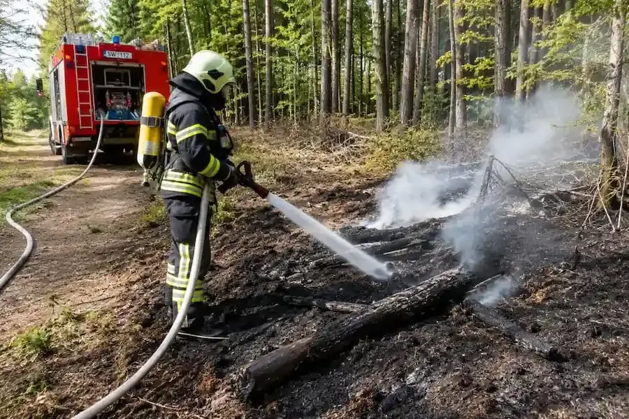 Feuerwehr löscht kleinen Waldbrand zwischen Grafenrheinfeld und Schwebheim nach mutmaßlicher Brandstiftung im Landkreis Schweinfurt