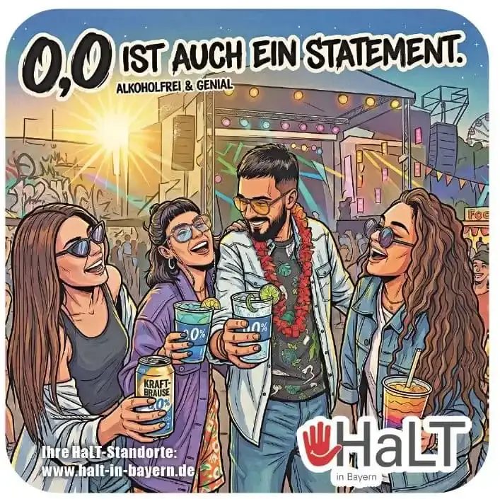 Bierdeckel der Aktionswoche Alkohol 2026 in Schweinfurt mit dem Slogan „0,0 ist auch ein Statement“ für bewussten Alkoholkonsum.