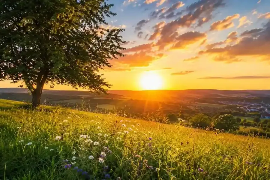 Sonnenaufgang über einer blühenden Sommerwiese zum kalendarischen Sommeranfang 2026 und zur Sommersonnenwende.