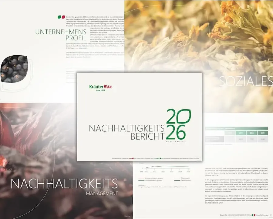 Collage des Nachhaltigkeitsberichts 2026 von Kräuter Mix mit Einblicken in den Bericht und nachhaltige Unternehmensaktivitäten.