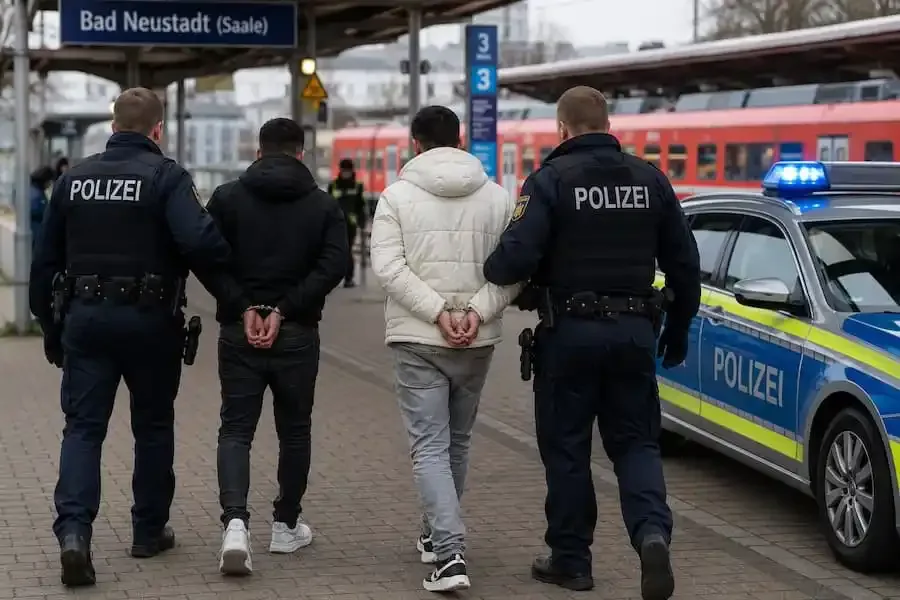 Polizei nimmt zwei mutmaßliche Ladendiebe in Bad Neustadt fest. Sichergestellte Kleidung, Smartphones und Kautabak liegen auf einem Polizeifahrzeug.