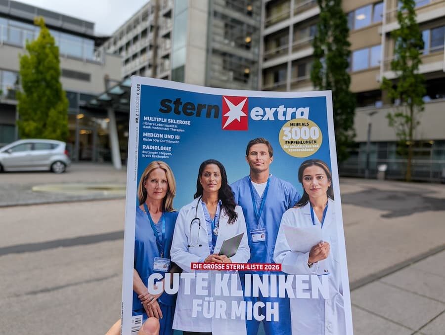 Titelbild der Stern-Klinikliste 2026 vor dem Leopoldina-Krankenhaus in Schweinfurt. Die Klinik wurde erneut als ausgezeichnetes Krankenhaus in Bayern bewertet.