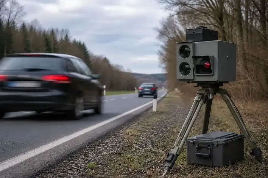Mobiler Blitzer auf Stativ bei einer Geschwindigkeitskontrolle an einer Landstraße mit vorbeifahrenden Fahrzeugen.