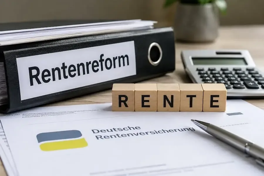 Unterlagen zur Rentenreform 2026 in Deutschland mit Rentenversicherung, Aktenordner und Taschenrechner als Symbol für die geplanten Änderungen.