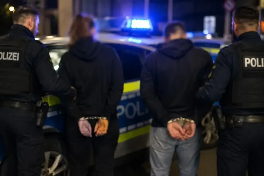 Zwei unscharf dargestellte Tatverdächtige werden von Polizeibeamten nach einer Sachbeschädigungskette in Schweinfurt kontrolliert.