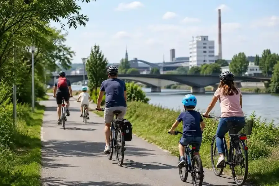 Familien und Alltagsradler fahren auf einem Radweg entlang des Mains in Schweinfurt während der Aktion STADTRADELN 2026.
