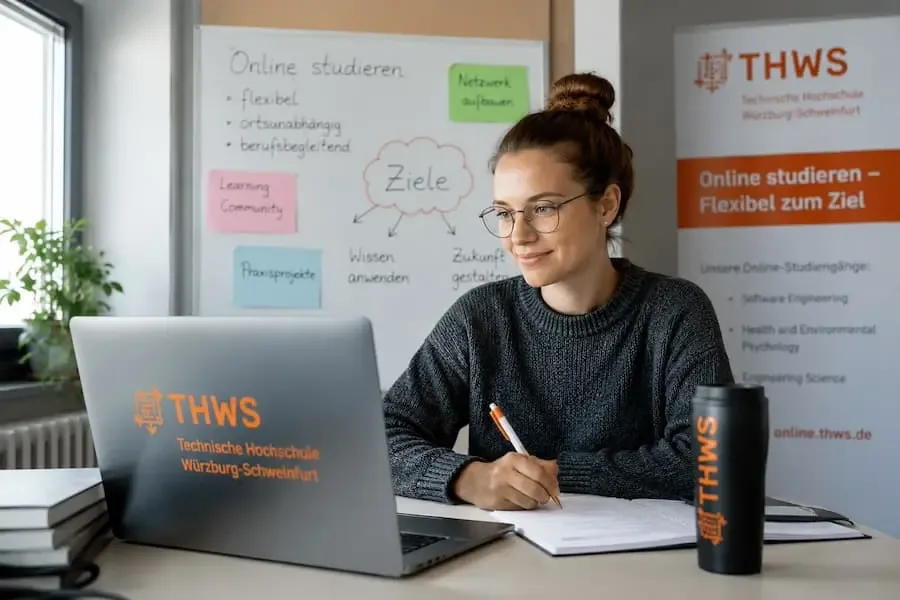 Studentin absolviert ein Online-Studium am THWS Online Campus und lernt flexibel von zu Hause aus am Laptop.