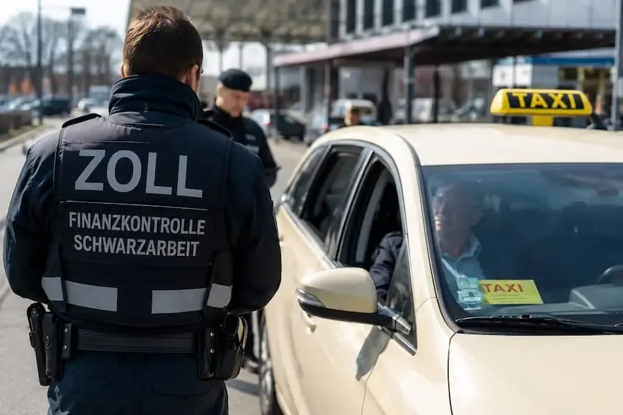 Zollbeamte kontrollieren ein Taxi im Rahmen einer Schwerpunktprüfung des Taxi- und Mietwagengewerbes in der Region Schweinfurt.