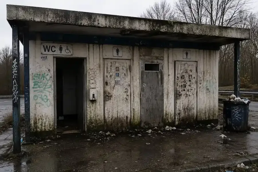 Stark verschmutztes Toilettenhäuschen auf einem unbewirtschafteten Autobahn-Rastplatz mit Graffiti und Müll.