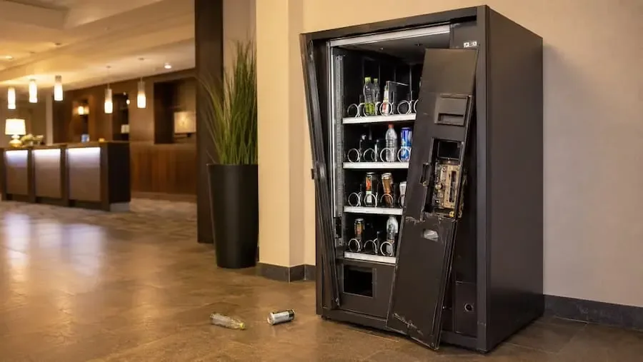 Aufgebrochener Getränkeautomat in der Lobby eines Hotels in Schweinfurt
