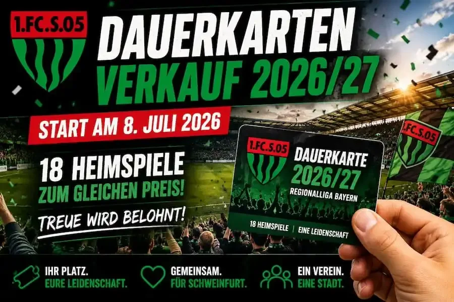 KI-generierte Darstellung einer Dauerkarte des 1. FC Schweinfurt 05 vor einer stimmungsvollen Stadionkulisse zur Regionalliga-Saison 2026/2027.