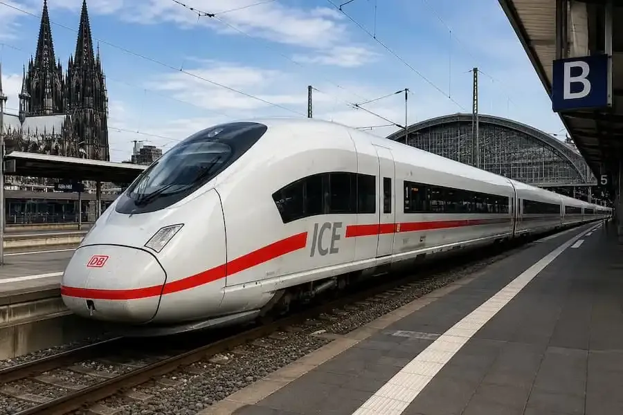 ICE der Deutschen Bahn an einem Bahnhof. Das Bild symbolisiert die Berichterstattung über die Presseanfrage zum Vorfall mit zwei Schulklassen in Rottendorf.