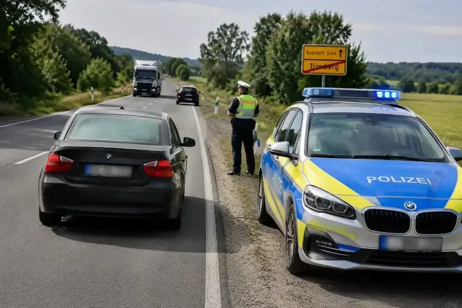 Polizeifahrzeug bei einer Verkehrskontrolle auf einer Landstraße nach einem gefährlichen Überholmanöver.