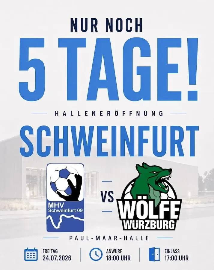 Ankündigungsplakat zur Halleneröffnung des MHV Schweinfurt 09 mit einem Spiel gegen die Wölfe Würzburg