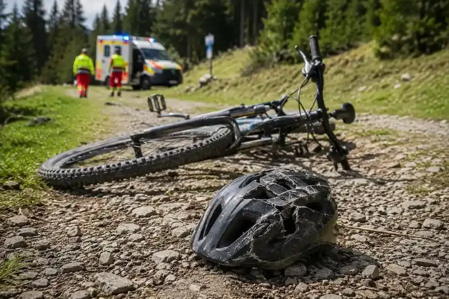 Zerstörter Fahrradhelm und gestürztes Pedelec auf einem Schotterweg, während Rettungskräfte im Hintergrund einen verletzten Radfahrer versorgen.