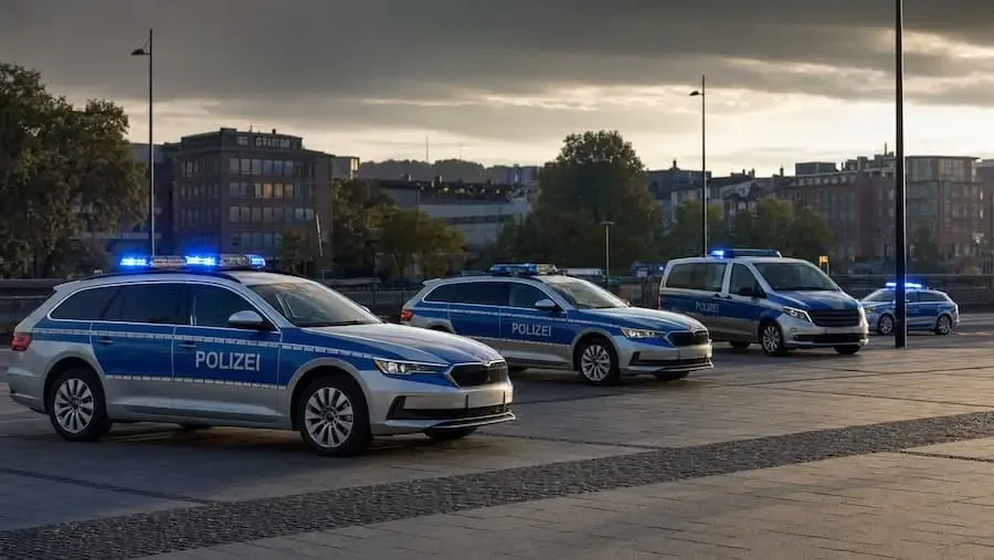 Mehrere Streifenwagen mit eingeschaltetem Blaulicht bei einer Polizeikontrolle in der Innenstadt