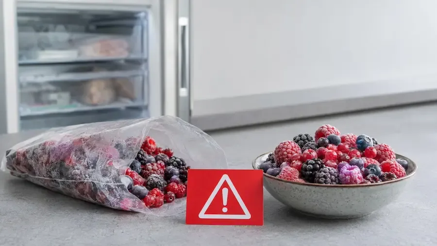 Tiefgekühlte Beeren neben einem Warnschild wegen eines möglichen Noroviren-Rückru