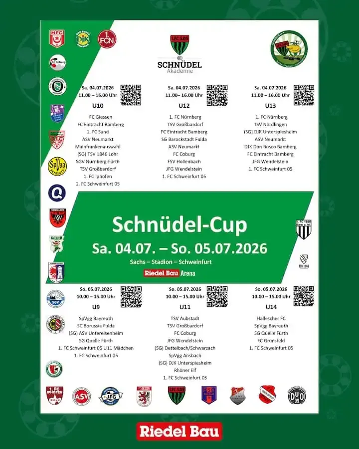 Turnierplakat zum Schnüdel-Cup 2026 des 1. FC Schweinfurt 05 im Sachs-Stadion.