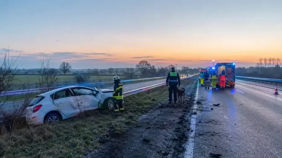 Symbolbild eines schweren Unfalls auf der A7 bei Wasserlosen mit Rettungskräften und einem verletzten Hund