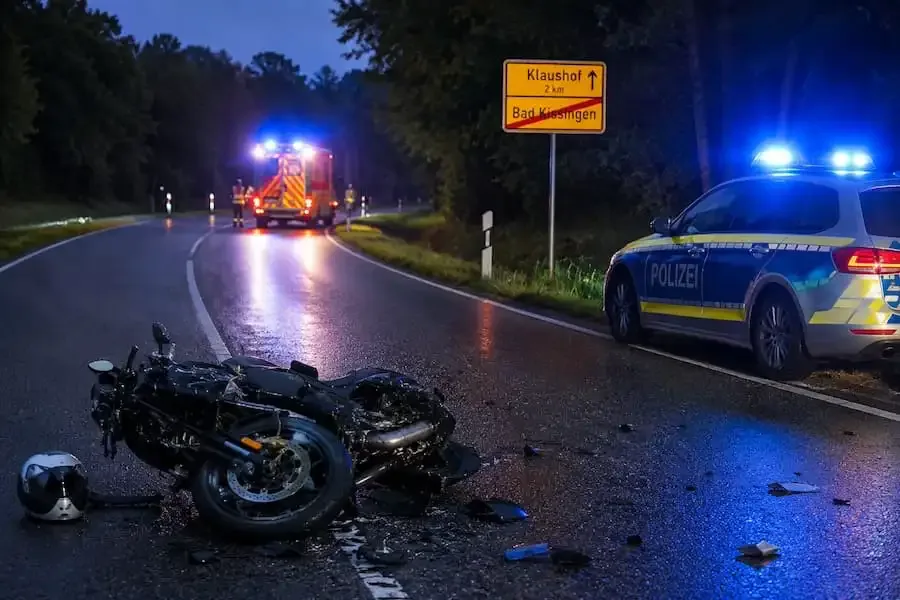 Beschädigtes Motorrad auf einer Landstraße während eines Polizei- und Rettungseinsatzes nach einem schweren Verkehrsunfall.