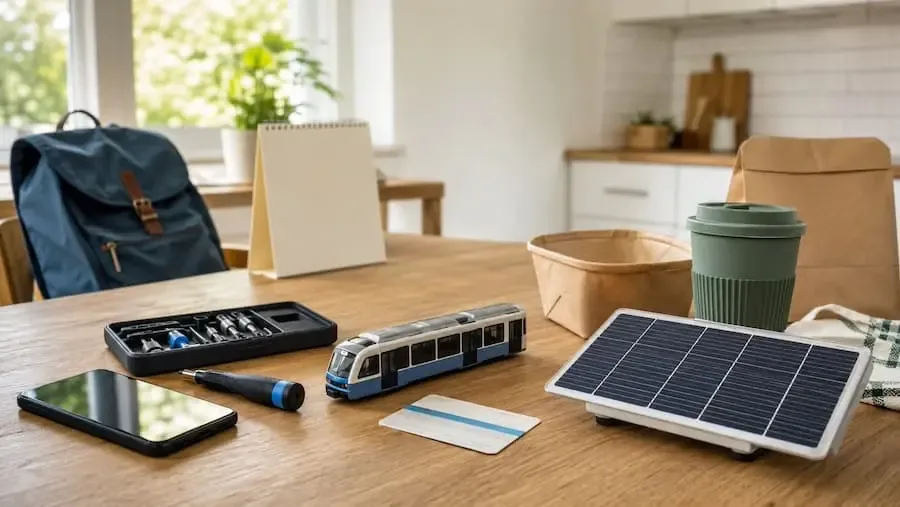 Smartphone, Werkzeug, Nahverkehr, Solaranlage und Verpackungen symbolisieren die Verbraucheränderungen im August 2026