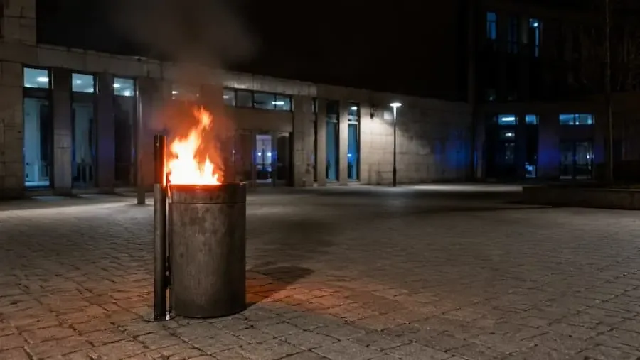Brennender Mülleimer in einem nächtlichen Rathausinnenhof.