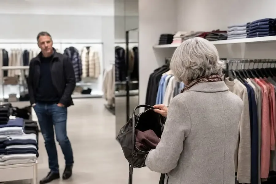 Ältere Frau mit geöffneter Tasche in einem Bekleidungsgeschäft während ein Mann sie beobachtet