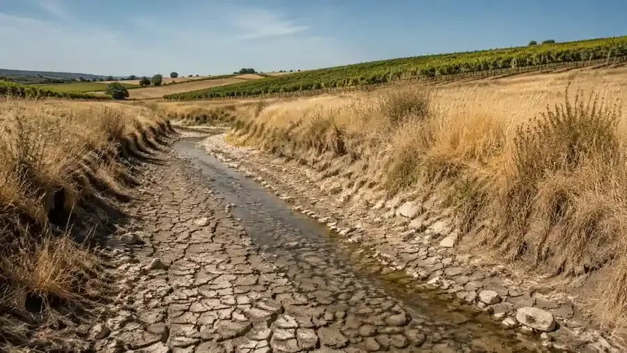 Ausgetrocknetes Bachbett in einer fränkischen Landschaft als Symbol für die Trockenheit in Unterfranken