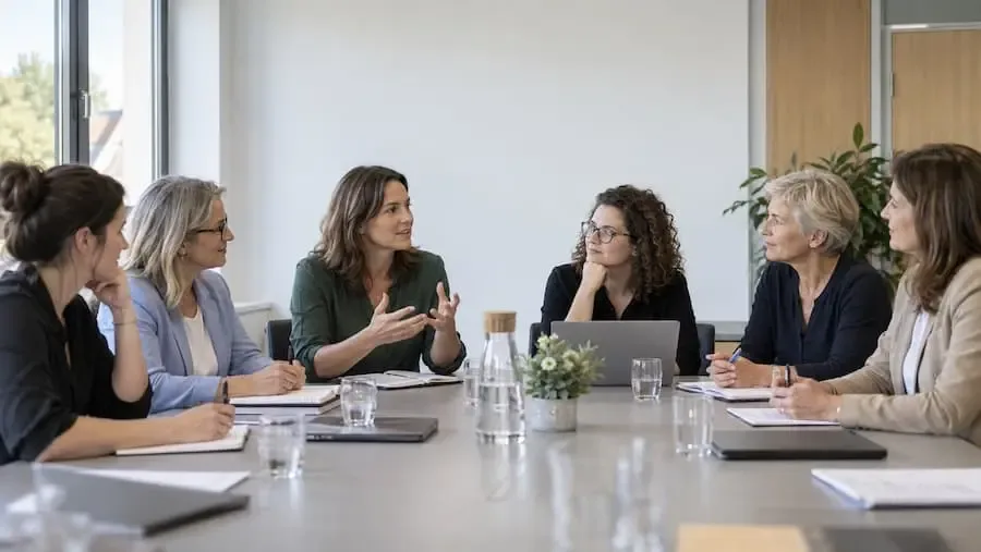 Frauen verschiedener Altersgruppen diskutieren gemeinsam an einem Konferenztisch
