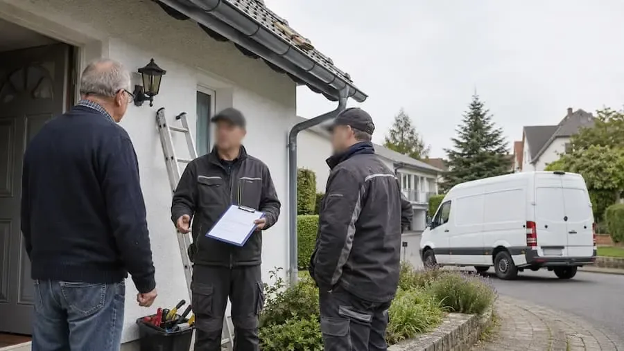 Zwei Handwerker stehen mit einer Rechnung vor einem Wohnhaus, während ein weißer Transporter am Straßenrand wartet.