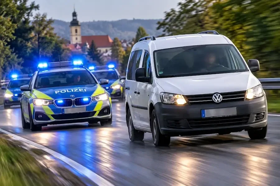 Symbolbild einer Verfolgungsfahrt mit weißem VW Caddy und mehreren Polizeifahrzeugen zwischen Zeil am Main und Haßfurt