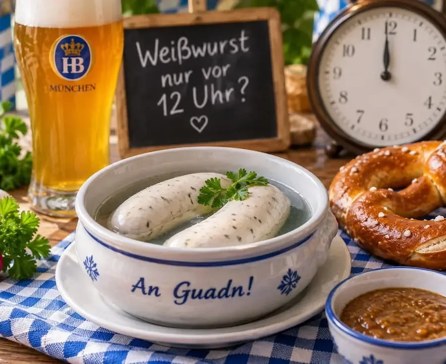 Weißwürste mit Breze, süßem Senf, Bier und Uhr kurz vor zwölf als Symbol für die bayerische Weißwurst-Tradition