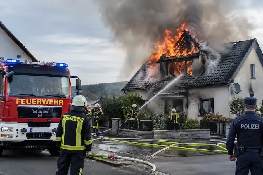 KI-generierte Darstellung eines Wohnhausbrands in Ginolfs bei Oberelsbach mit Feuerwehr im Einsatz. Foto: KI-generiert