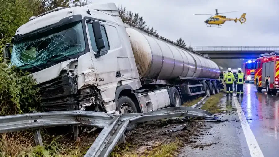 Schwer beschädigter Tanklastwagen nach einem Unfall an einer Autobahnleitplanke. Feuerwehr und Rettungshubschrauber sind im Einsatz. KI-generiertes Symbolbild.