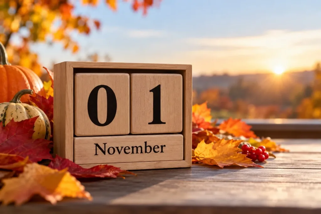 Holzkalender mit dem Datum 1. November 2026 zwischen herbstlichen Blättern und Kürbissen als Symbol für neue Regelungen und Änderungen im November.