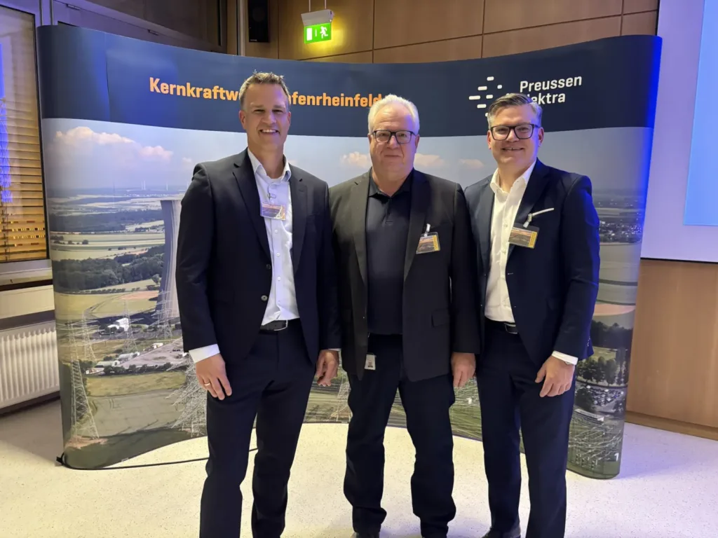 Bernd Kaiser, Markus Burger und Daniel Oehr von PreussenElektra beim Kraftwerksgespräch 2026 zum Rückbau des Kernkraftwerks Grafenrheinfeld im Landkreis Schweinfurt.