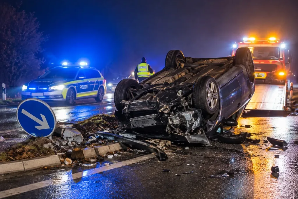 KI-generiertes Symbolbild eines Verkehrsunfalls bei Dunkelheit. Ein überschlagenes Auto liegt auf dem Dach, während ein Polizeifahrzeug und ein Abschleppwagen die Unfallstelle absichern.