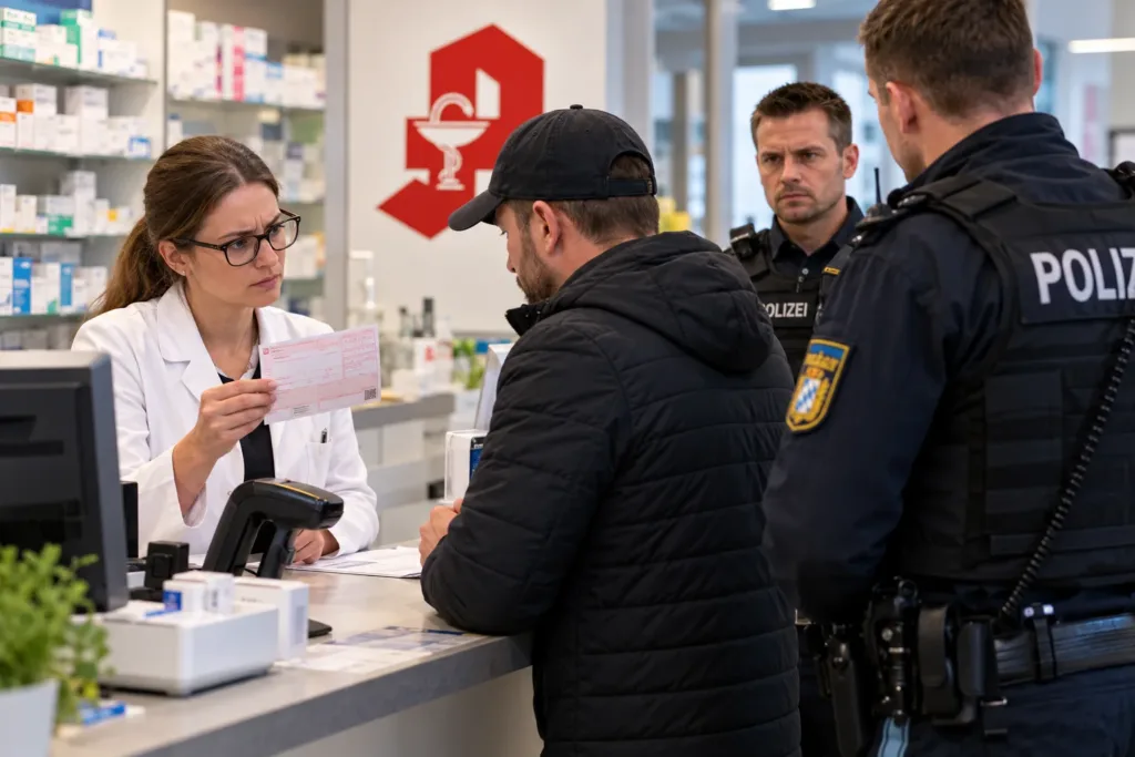 Titel: Bad Königshofen: Gefälschtes Rezept über 7.000 Euro – zwei Männer in Untersuchungshaft Bildunterschrift: Eine aufmerksame Apothekenmitarbeiterin in Bad Königshofen erkannte ein mutmaßlich gefälschtes Rezept für ein Medikament im Wert von rund 7.000 Euro und verständigte die Polizei. Zwei Tatverdächtige befinden sich inzwischen in Untersuchungshaft. Foto: KI-generiert (Symbolbild) Beschreibung: Symbolbild zu einem versuchten Betrug in einer Apotheke am Marktplatz in Bad Königshofen im Landkreis Rhön-Grabfeld. Am 22. Oktober 2026 versuchte ein 35-jähriger Mann nach Polizeiangaben, mit einem gefälschten Rezept ein verschreibungspflichtiges Medikament im Wert von rund 7.000 Euro zu erhalten. Eine Mitarbeiterin schöpfte Verdacht und alarmierte die Polizei. Im Zuge der Ermittlungen wurde ein zweiter Tatverdächtiger im Alter von 32 Jahren festgenommen. Beide Männer befinden sich in Untersuchungshaft. Das KI-generierte Bild stellt die tatsächlichen Beteiligten und den Tatort nicht dar. Bildnachweis: Foto: KI-generiert (Symbolbild) KI-generiertes Symbolbild: Eine Apothekerin kontrolliert ein Rezept am Verkaufstresen, während zwei Polizeibeamte neben einem Mann stehen.