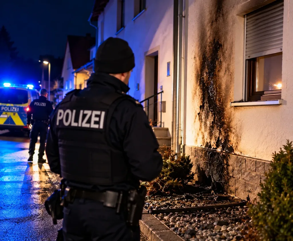 KI-generiertes Symbolbild eines Polizeieinsatzes nach einer mutmaßlichen Brandstiftung an einem Wohnhaus. Polizeibeamte untersuchen eine beschädigte Hausfassade. In Schonungen soll ein 61-Jähriger an zwei Wohnhäusern Feuer gelegt haben.