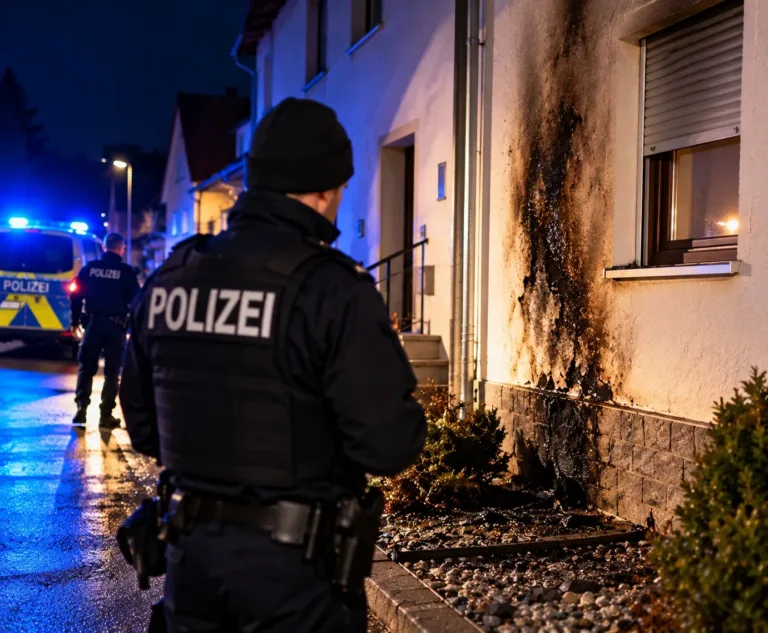KI-generiertes Symbolbild eines Polizeieinsatzes nach einer mutmaßlichen Brandstiftung an einem Wohnhaus. Polizeibeamte untersuchen eine beschädigte Hausfassade. In Schonungen soll ein 61-Jähriger an zwei Wohnhäusern Feuer gelegt haben.