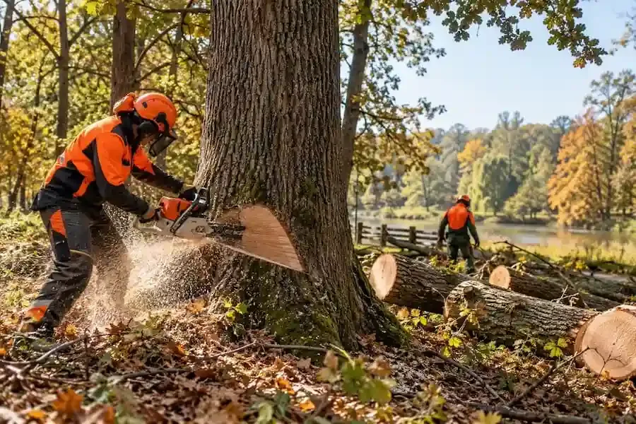 Symbolbild einer Eichenfällung im Wald: Ein Forstarbeiter sägt mit einer Motorsäge einen mächtigen Eichenstamm an.