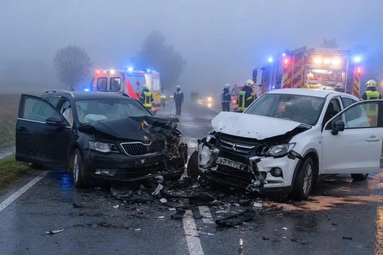 KI-generiertes Symbolbild eines Frontalzusammenstoßes zwischen zwei beschädigten Autos auf einer nebligen Landstraße. Im Hintergrund sind Feuerwehr und Rettungsfahrzeuge zu sehen.