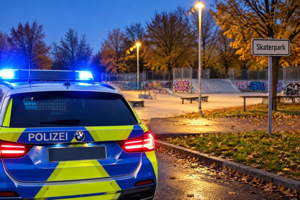 Symbolbild eines Polizeifahrzeugs mit Blaulicht an einem Skaterpark in der Abenddämmerung. Die Polizei Haßfurt ermittelt nach einem Streit unter Kindern und einem mutmaßlichen Übergriff durch eine Mutter.