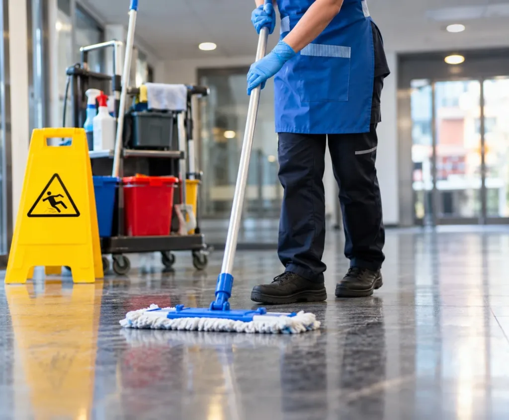 Symbolbild einer Reinigungskraft beim Wischen eines Gebäudeflurs mit Reinigungswagen und Wischmopp. Die IG BAU fordert höhere Löhne für rund 1.330 Reinigungskräfte in Schweinfurt.