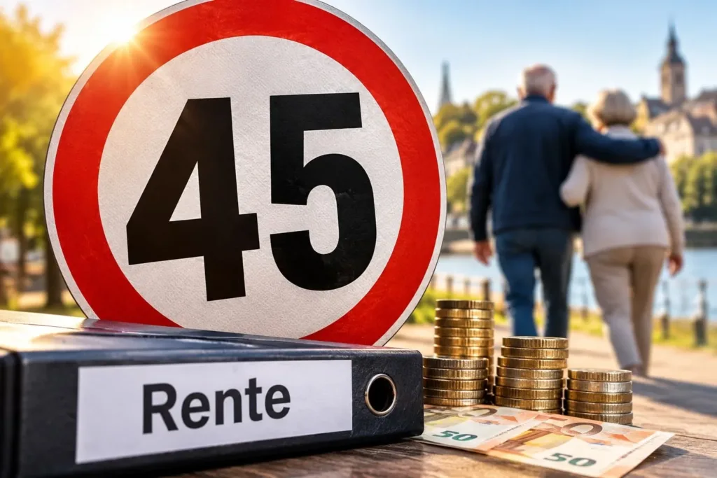 Große Zahl 45 auf einem rot umrandeten Schild, daneben ein Rentenordner, Geldscheine und Münzen. Im Hintergrund geht ein älteres Paar spazieren. Symbolbild zur Rentendebatte.