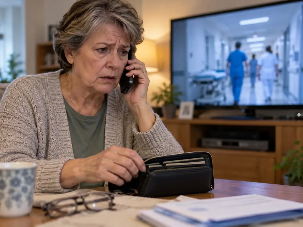 Besorgte ältere Frau telefoniert zu Hause und hält ihre Geldbörse in der Hand. Symbolbild zur Warnung des Leopoldina-Krankenhauses Schweinfurt vor betrügerischen Schockanrufen.