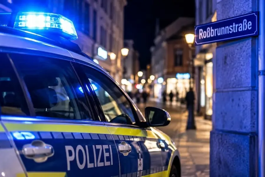 KI-generiertes Symbolbild eines Polizeifahrzeugs mit eingeschaltetem Blaulicht in einer nächtlichen Innenstadt. Die Polizei Schweinfurt nahm nach einem mutmaßlichen Raub einen 22-Jährigen fest. Foto: KI-generiert.